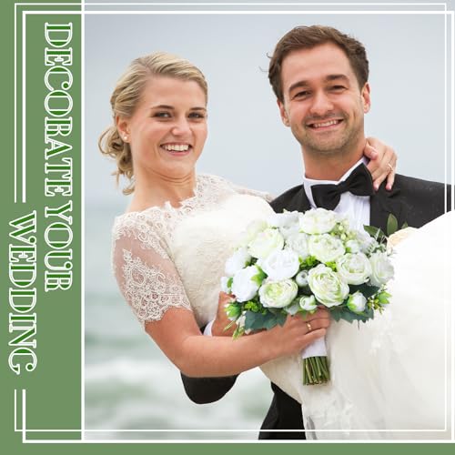 Geosar 8 Bundles Artificial Peonies Flowers Fake Silk Peony Bouquet Faux Peonies Flowers Bulk for Decoration Vase Floral Arrangements Wedding Party Table (White,Green) - color: White, Green