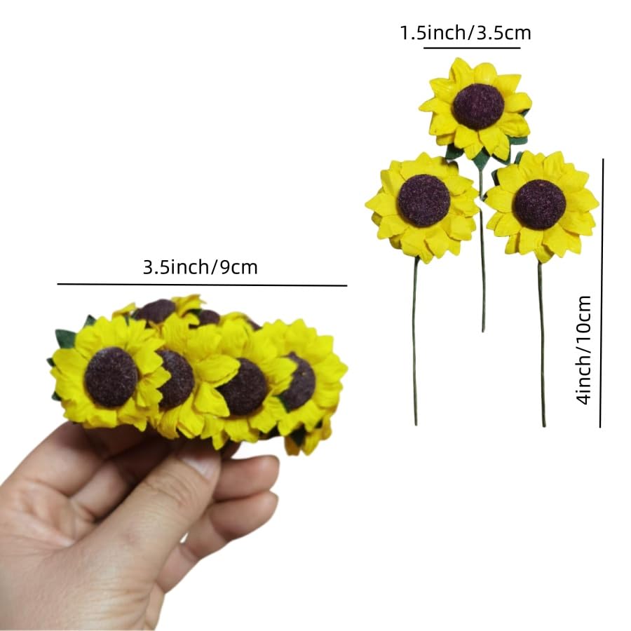 100 pcs Mini Yellow Sunflowers, 1.2" Tiny Fake Flowers with10 Yard Hemp Rope, Miniature Flowers for Crafts, Miniature Flowers for Dollhouse, for Gift Decoration,Dining Table Decoration - color: Yellow Sunflower