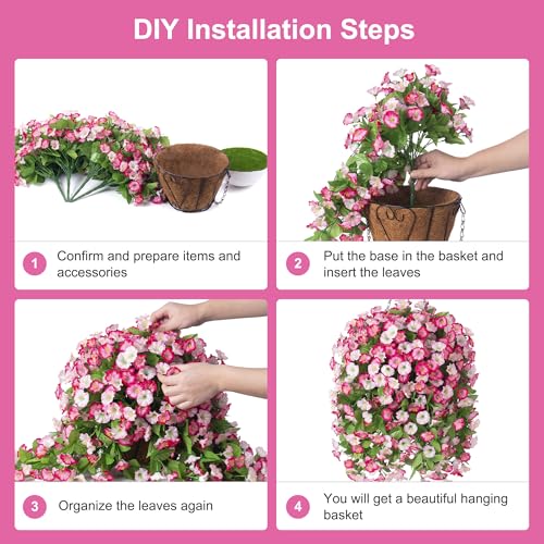 INXUGAO Artificial Flowers with Hanging Basket, Outdoor Faux Plants Silk Morning Glory Vines, Fake Green Arrangement for Garden Patio Spring Summer Decor (4pcs, Pink) - color: Pink