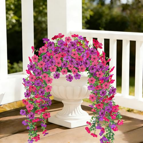 UV Resistant Artificial Hanging Flowers Outdoor Decor - 2 Pack Fake Hanging Plants with Silk Daisies for Spring Summer, No Fade Faux Flowers for Planter, Front Door, Porch, Patio, Garden, Yard - color: Light Purple Rose Red