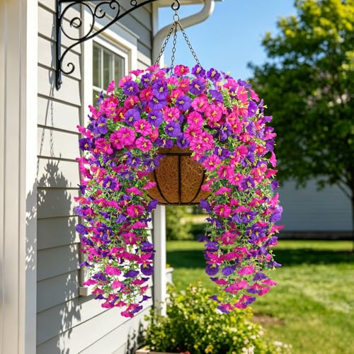 Artificial Flowers for Outdoors, 6-Pack 420 Blooms UV Resistant Hanging Morning Glory Silk Flowers Vines, Realistic Fake Plants Outside Decroation for Porch Patio Balcony Yard Garden (Purple + Lotus) - color: Purple+lotus