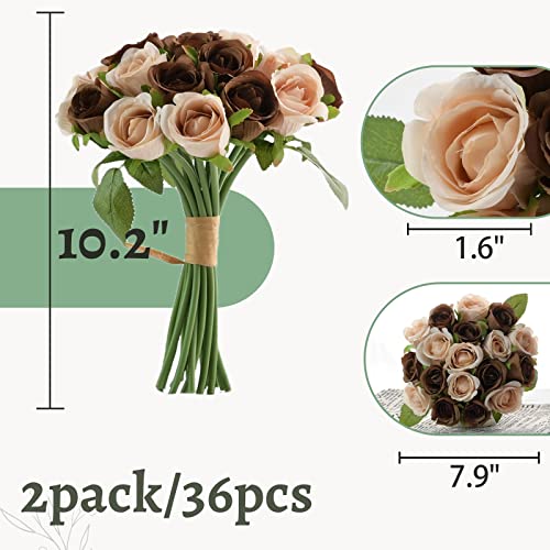ZMZQ&flw 36PCS Roses Artificial Flowers with Stems Brown Bouquet Cream Beige Silk Fake Flora Home Decoration Bridal Wedding - color: Brown and Beige