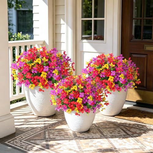 INXUGAO Artificial Faux Plants Flowers Outdoor Spring Summer Decoration, 12 Bundles Fake Silk Colorful Daisy Eucalyptus Realistic UV Resistant for Outside Home Planter Porch Yard Decor (Mix) - color: Purple & Red & Yellow & Lotus Red B