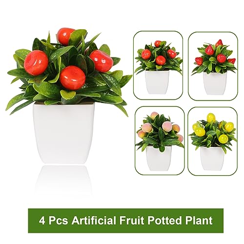 Yoratee 4pcs Small Fake Plant Mini Artificial Fruit Potted Plants Citrus Peach Strawberry Lemon Fake Plants for Home Decor - color: Type a