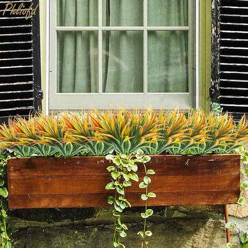 6Pcs Artificial Grass Fake Plants 17.3in Outdoor Plastic Plants UV Resistant Greenery Fake Grass for Home Window Garden Office Patio Hanging Planter Pathway Front Porch Décor Orange Yellow - color: Yellow, size: 6 Pcs
