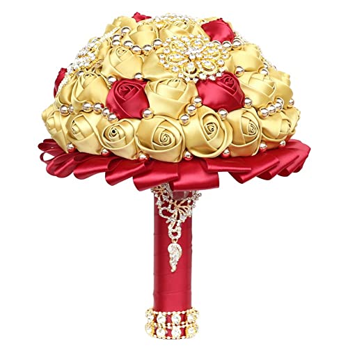 Burgundy and Gold Wedding Bouquet Luxury Gold Rhinestone Brooch Bridal Bouquet for Bride Bridesmaid Quinceanera Holding Artificial Satin Rose Flower Wedding Bouquet 7.1in - color: Burgundy & Gold, size: Diameter: 7.1 inches