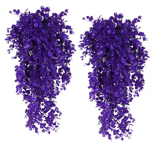 RECUTMS 4Pcs 29.9 Inch Fake Hanging Eucalyptus Leaf Plants, Purple | UV Resistant Plastic,Violet Artificial Greenery,Home Room Garden Wedding Party Porch Creeping Jenny Indoor Outdoor Decor - color: Purple