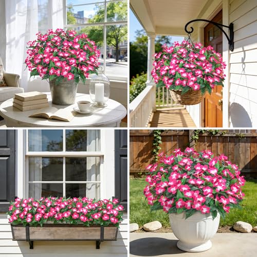 6 Pcs Artificial Flowers for Outdoors Fake Silk Periwinkle Flowers Faux Plants UV Resistant Bouquet Decorations for Planters Spring Summer Garden Porch Patio Window Box Balcony Home, Fuchsia - color: Fuchsia