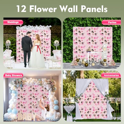 12 Pcs Flower Wall Panel, Artificial Flower Backdrop Wedding Backdrop Deco Floral Wall, Silk Rose Panels 3D Flower Background Panel for Wall, Light Pink Artificial Dahlia Rose Flower Wall Mat - color: Light Pink