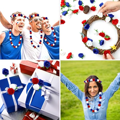 SITUMEIZI 100 Pcs Mini Patriotic Roses Head 4th of July Artificial Flowers Small Rose for Independence Day DIY Decor Blue White Red Silk Flowers for Memorial Day - color: Blue-white-red