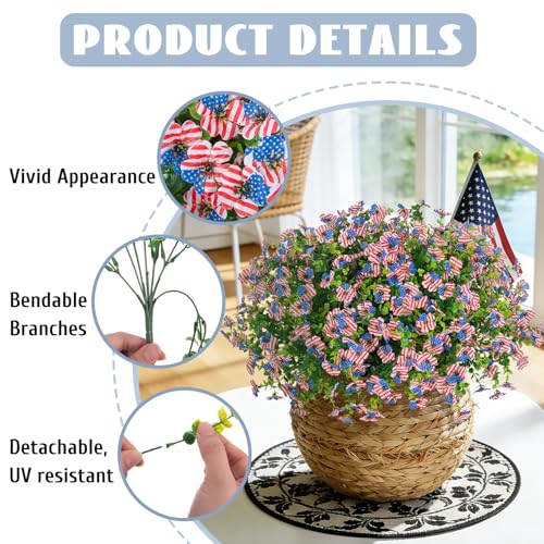 ADXORA 12 Bundles Artificial Flowers,Faux Plants for Spring Summer Decoration, UV Resistant Colorful Violets Eucalyptus for Outside Home Planter Porch Patio Yard Décor (Red,Blue,White) - color: Red,blue,white