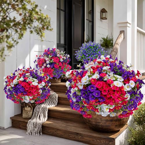 AXYLEX Artificial Flowers Outdoor Morning Glory - 16 Bundles Fake Plants UV Resistant No Fade Faux Plastic Greenery Home Garden Patio Decoration Indoor (1, Multi16-1) - color: Multi16pcs - White+red Pink+purple