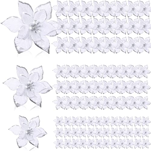 Geosar 100 Pcs 3 Size Christmas Poinsettia Flowers with Clips Glitter Artificial Flowers Small Christmas Tree Ornaments Faux for Xmas Party DIY Craft Wreath Garland New Year, 3/4/6 Inches(White) - color: White