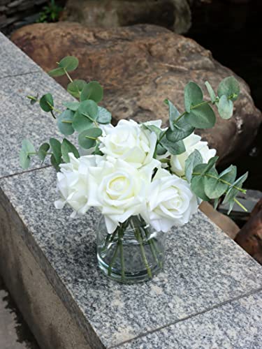 14" Artificial Flowers with White Roses in Vase, Fake Flowers in Artificial Water Vase, Silk Flower Arrangements with Artificial Flowers for Home Dining Table Decor.