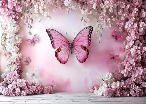 6x4ft Flower Butterfly Wall Backdrop Pink Floral Princess Girl Birthday Party Photography Background Photo Backdrop Art Wedding Banner Photo Studio Props - color: Pink02, size: 6X4FT