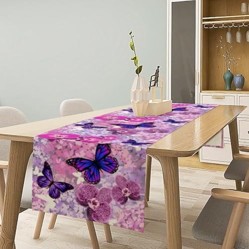 Butterfly Table Runner,Spring Seasonal Pink Purple Floral Garden Theme Table Runner for Home Indoor Outdoor Kitchen Holiday Party Wedding Decor 13x36 Inch - color: Butterfly-4, size: 13x36in