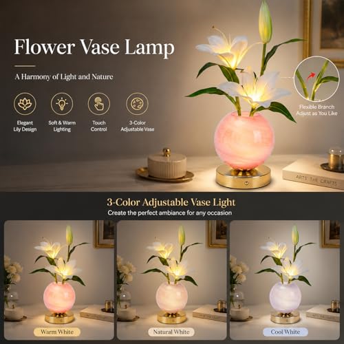Lily Table Lamp, 3 Color Planet Night Light, Rechargeable Cordless Touch Dimming Artificial Flower Light, LED Flower Bedside Lamp Romantic Gifts for Girl Women Mom (White Lily - Pink Vase) - color: White Lily - Pink Vase