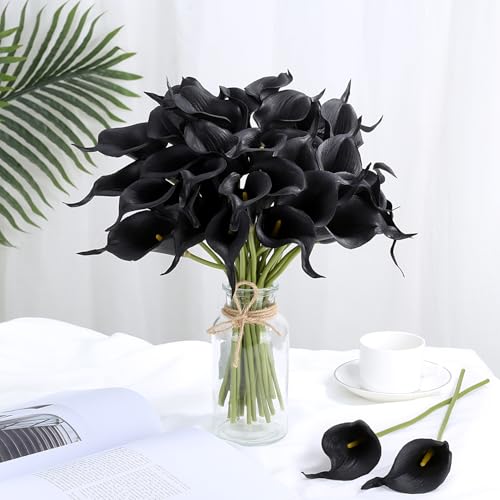 24 Pcs Black Artificial Calla Lily Flowers Fake Black Silk Flowers Real Touch for Wedding Bouquet Office Home Kitchen Decor - color: Black
