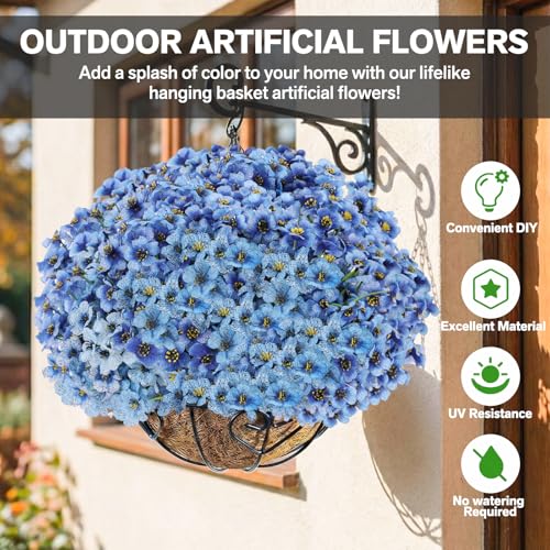 22 Pack Artificial Flowers Outdoor Fake Plants, Faux Flowers UV Resistant with Plastic Plants, Faux Silk Flowers for Outdoors Outside Front Porch Hanging Planter Window Box Garden Decoration(Blue) - color: Blue, size: 22 Bundles