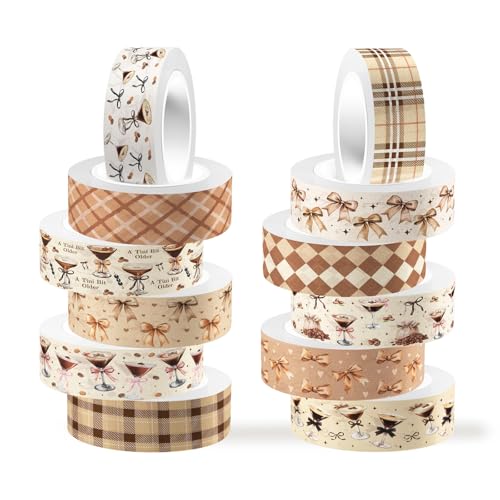 12 Rolls Martini Washi Tape, Vintage Brown Checkered Bow Masking Tape, Martini Coffee Decorative Sticker for Birthday Party Afternoon Tea Holiday Scrapbook Journal DIY Craft Gift Wraps 16.4FT - color: O