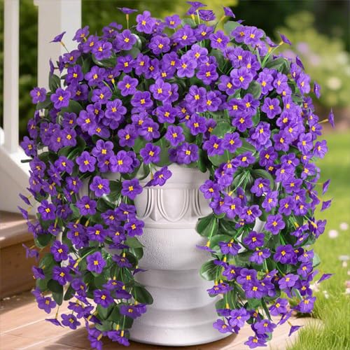 HyeFlora Artificial Faux Hanging Flowers for Outdoor Outside Spring Decoration, 2PCS Fake Silk Purple Daisy Plants UV Resistant Look Real Orchid Mums Vine for Front Door Porch Planter Balcony - color: Purple 2