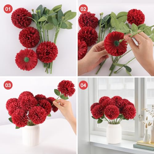 Hananona 12 Pcs Artificial Chrysanthemums Flowers Burgundy Red Flowers, Fake Mums Silk Flowers for Spring Home Decor Christmas Floral Arrangement Halloween Table Centerpiece (12, Burgundy) - color: Burgundy