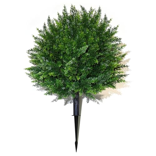 Artificial Cedar Topiary Ball Trees – Ground Spike – 16.5" – UV Resistant Faux Shrubs for Outdoor Decor, Front Porch & Garden – Evergreen Bushes for Yard, Patio, Landscaping (1)