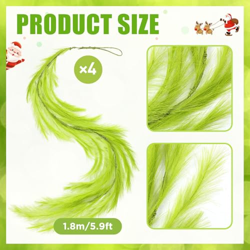 4 Pcs 24 Ft Christmas Tree Garland Decoration Lime Green Pampas Grass Garland Artificial Faux Fabric Feathers Wreath for Mantle Xmas Tree Home Farmhouse Christmas Holiday Party Supplies - color: Lemon Green, size: 24 Ft