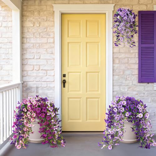 Fake Artificial Flowers for Outdoors, 4 Pcs Faux Hanging Pansy Flowers Spring Summer Decor, UV Resistant Fake Plants Silk Flower for Planter Front Door Porch Patio Yard Garden(Gradient Double Purple) - color: Double Purple
