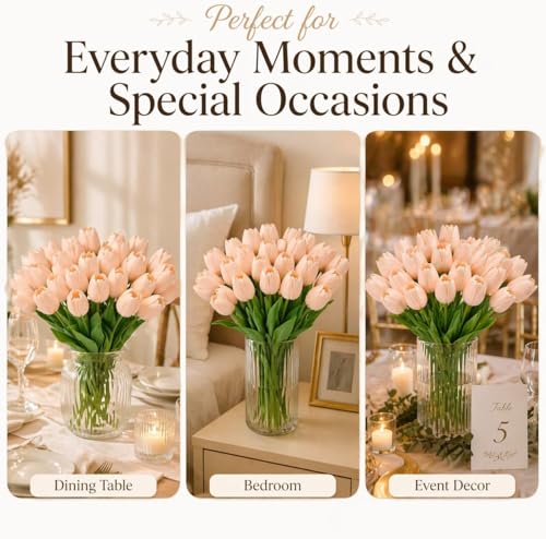 MACTING 30 PCS Artificial Tulip Flowers 13.7" Real Touch Fake PU Tulips Bouquet Faux Flowers for Floral Arrangements Table Centerpieces Kitchen Mothers Day Summer Decorations,Light Pink - color: Light Pink