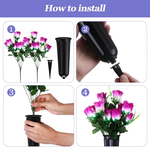 Tigeen 6 Sets Father's Day Cemetery Flowers with Grave Vase 12 Bunches Artificial Rose Memorial Bouquet 84 Heads Fake Silk Flower for Dad Gravesite Graveside Decor(Purple) - color: Purple