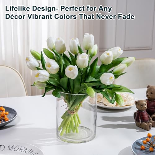 Bailikang 20PCS Fake Tulips Artificial Tulip Silk Flowers Fake PU Bouquet Artificial Flowers Faux Flowers with Gift Box Soft Faux Tulips Bouquets Arrangements for Party Wedding Home - color: White