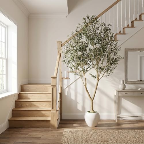 9ft Artificial Olive Tree with White Planter Included - Large Indoor Floor Plant with Natural Trunk and Fruit Accents for High-Ceiling Living Room and Hallway Corner - size: 9ft