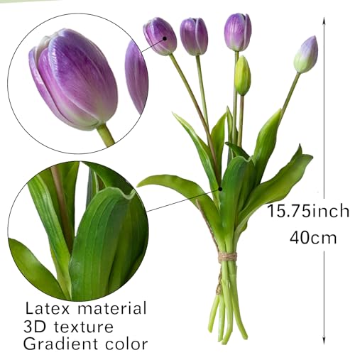 DUYONE 15Pcs Artificial Tulips Flowers, Soft Touch Realistic Latex Tulips Bouquet for Home Office Wedding Party Garden Decor, Fake Flowers for Centerpieces Dining Table Living Room Spring-B Amethyst - color: B Style-15pcs Amethyst (No Vase)