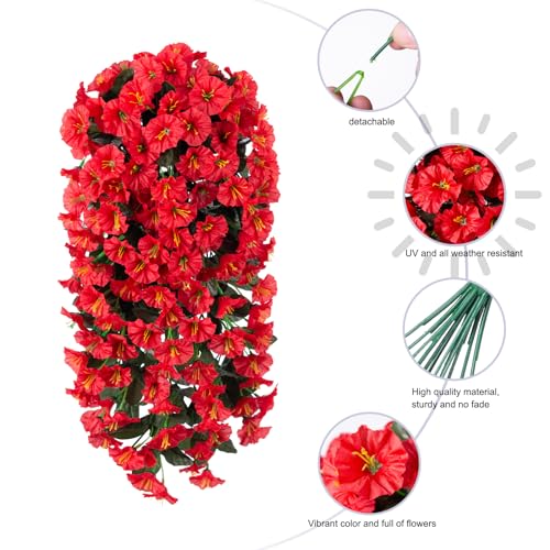 Artificial Fake Hanging Flowers Plants for Outdoor Outside Spring Summer Decoration, 2PCS Faux Silk Red Morning Glory UV Resistant Look Real Trailing Vines for Home Wedding Party Garden Patio Porch - color: Red 2