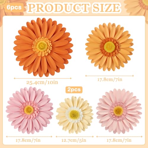 Daisy Paper Flowers Wall Decor 3D Orange Pink Large Flowers Bulletin Board Decoration Spring Garden Groovy Birthday Decorations for Women Girls Baby Shower Classroom Office Boho Nursery Wall Decor - color: Orange Pink Cream