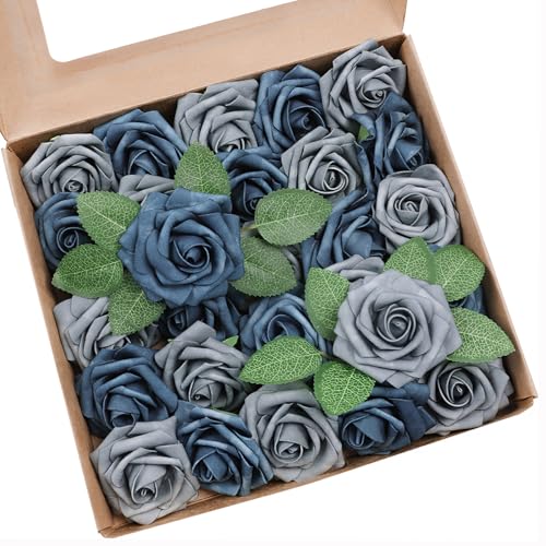Artificial Flowers 50 Pack Dutch Blue Faux Foam Roses with Stems, Real Looking Fake Rose for DIY Wedding Bouquets, Bridal Shower Centerpieces, Party Table Decorations, Home Decor - color: Dutch Blue & Dusty Blue, size: 50Pcs