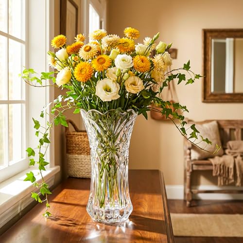 JASVIC 12 Inch Crystal Vases for Flowers, Tall Glass Flower Vase for Bouquet, Elegant Modern Large Vase, Starburst Design Decorative Vase for Living Room Centerpiece, Mother's Day, Wedding Gift - color: Starburst Design