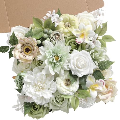 rongflower White Green Artificial Flowers Combo Set Fake Flower Leaf Box with Stemst for DIY Wedding Bridal Bouquet, Centerpieces, Home Decor, Floral Arrangement Decor - color: Green White