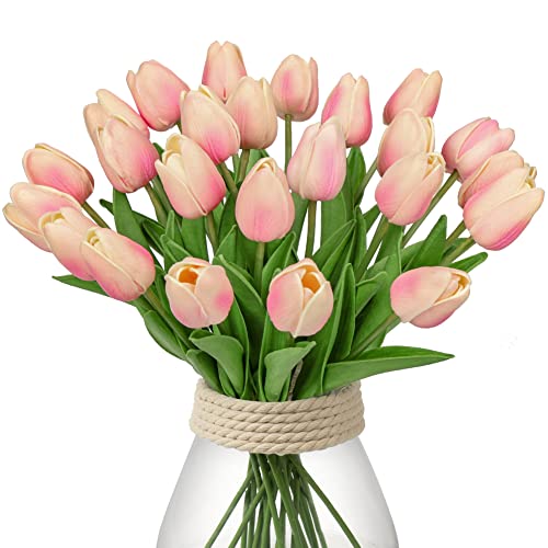 24 Pink Tulips - Artificial Flowers - 13.5" Faux Tulips for Mother's Day, Vase, Centerpieces, Home, Wedding Bouquet - color: 24pcs Gradient Peachy