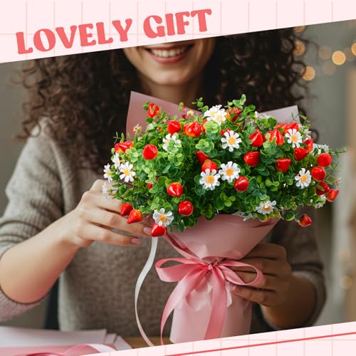 10 Pack Artificial Strawberry Branches Decoration Fake Strawberry Stems with Green Leaves and Daisies for Farmhouse Home Wedding Birthday Table Centerpiece & Party Arrangement - style: Strawberry