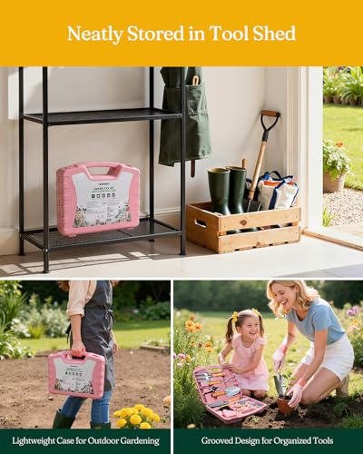 Grenebo 12-Piece Womens Gardening Tools Gift Set, Rust-Proof & Heavy-Duty Garden Tools with Durable Carrying Case, Fashionable & Thoughtful Gardening Gifts for Women&Men (Pink-Silver) - color: Pink-Silver