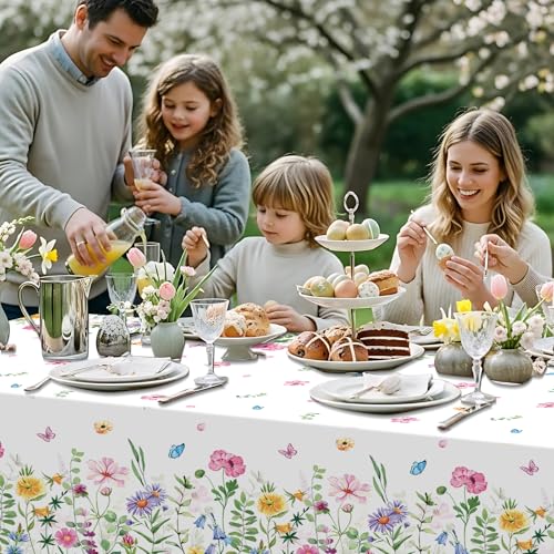 4.5x100 Feet Roll of Spring Floral Plastic Tablecloth,Pink Purple Blue Flower Butterfly Disposable Table Cover Summer Spring Photography Backdrop for Holiday Weeding Birthday Tea Party Decorations - size: 1181" x 54" (Rectangular)