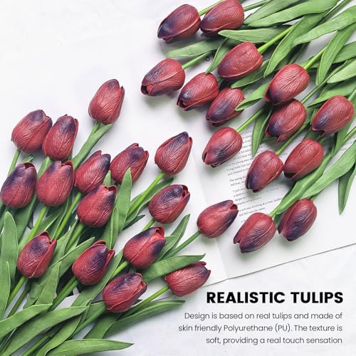 30 PCS Artificial Tulips Real Touch Tulips 13.5inch Long Stem Fake Flowers Silk Flowers for Spring Easter Mother's Day Decorations（Chocolate） - color: Chocolate