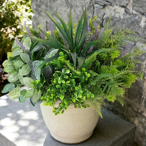 Hrobek Outdoor Faux Plants UV Resistant - 12 Bouquets Realistic Artificial Eucalyptus Fern Lavender Greenery for Patio Garden Front Porch Decor Weatherproof Fake Plants for Outside - color: Mix Greenery
