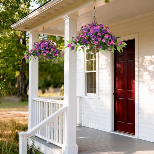 Hommyea Artificial Flowers for Outdoor, 2 Bundles UV Resistant Fake Plants Decoration Realistic Faux Silk Flowers No Fade Plastic Flowers for Outside Planters Home Porch Patio Yard Garden Decor - color: Deep Purple Hot Pink