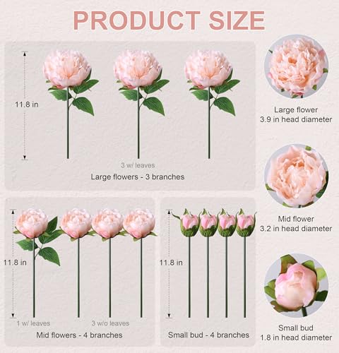florisso Light Pink Peony Artificial Flowers - 11 Branches Silk Peonies for Vase Arrangements, Wedding Decor & Living Room Accents (Faux Flowers) - color: Peony-light Pink