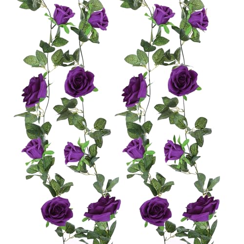 Felice Arts 2 Pack Dark Purple Artificial Flower Garland Each 6.5FT Fake Rose Vine Hanging Floral Garland for Wedding Flowers Table Arrangement Room Teepee Mirror Decor - color: Darkpurple