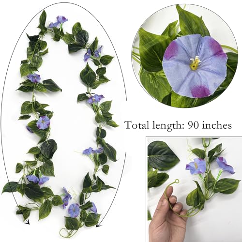 Fake Purple Morning Glory Plants, Artificial Hanging Vines Silk Flowers Decor Faux Ivy Plastic Greenery Garland Plant for Home Garden Yard Wall Fence Stairway Wedding Party Baskets Decoration 2 Pack - color: Morning Glory Vines - Purple 2 Pcs
