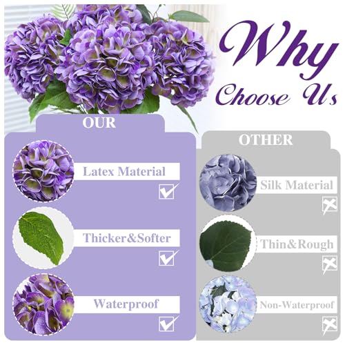 Nubry 4Pcs Purple Hydrangea Artificial Flowers, 22.5In Latex Faux Real Touch Large Hydrangea Flowers with Long Stems & Leaves for Home Office Decor Wedding Party Arrangements(Purple) - color: Purple, size: 4 Pcs